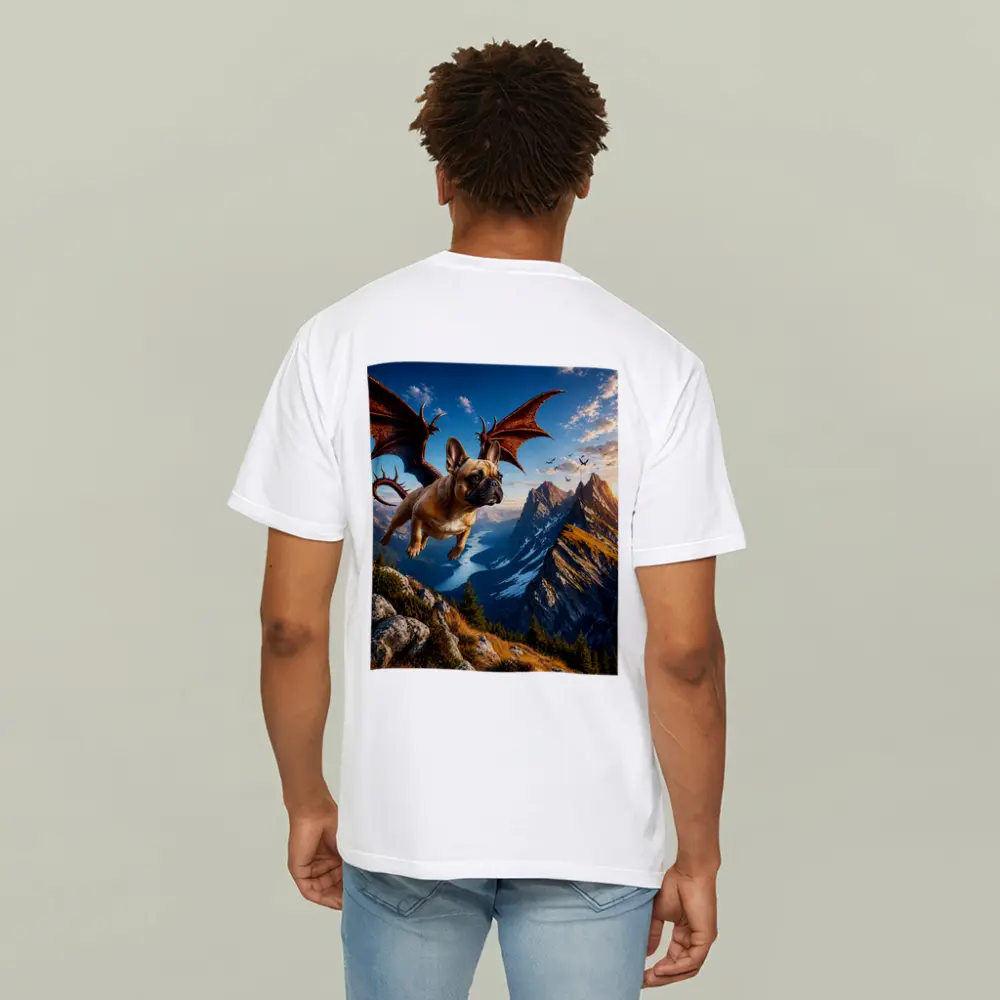 French Bulldog Dragon Flying Over Mountain Peaks – T-Shirts