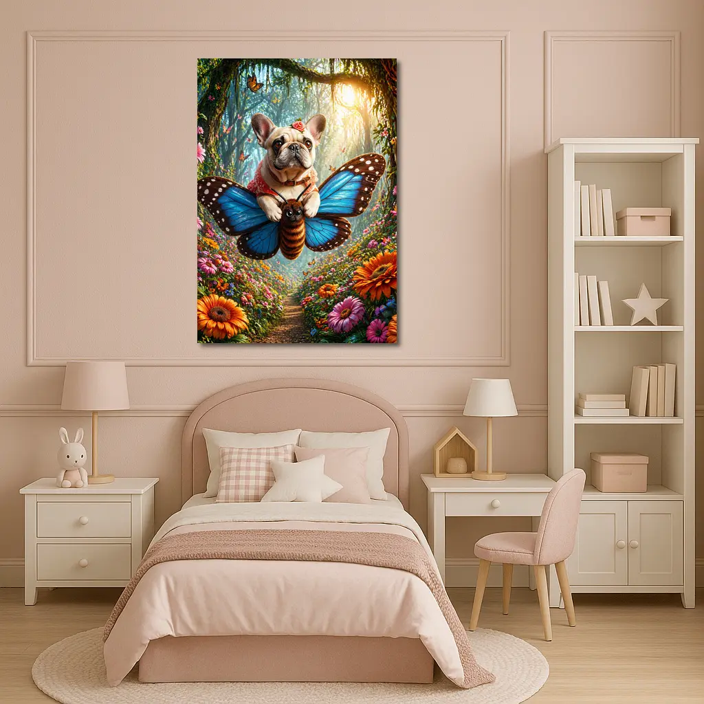 French Bulldog Flying Butterfly Magical Forest – Wall Art