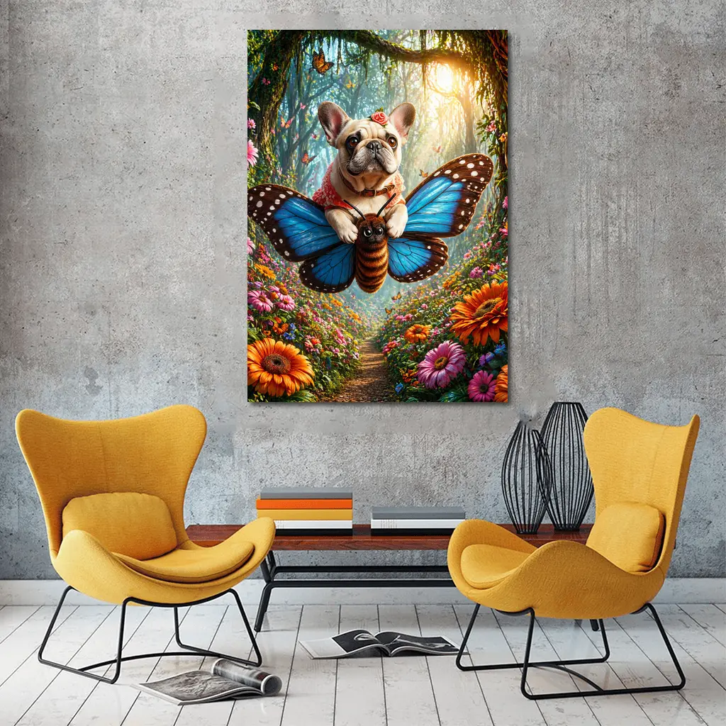 French Bulldog Flying Butterfly Magical Forest – Wall Art