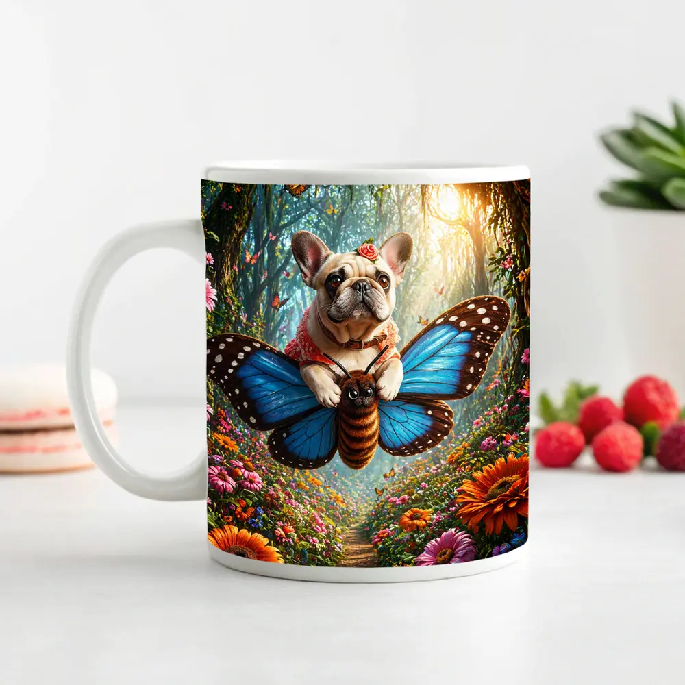 French Bulldog Flying Butterfly Magical Forest – Mugs