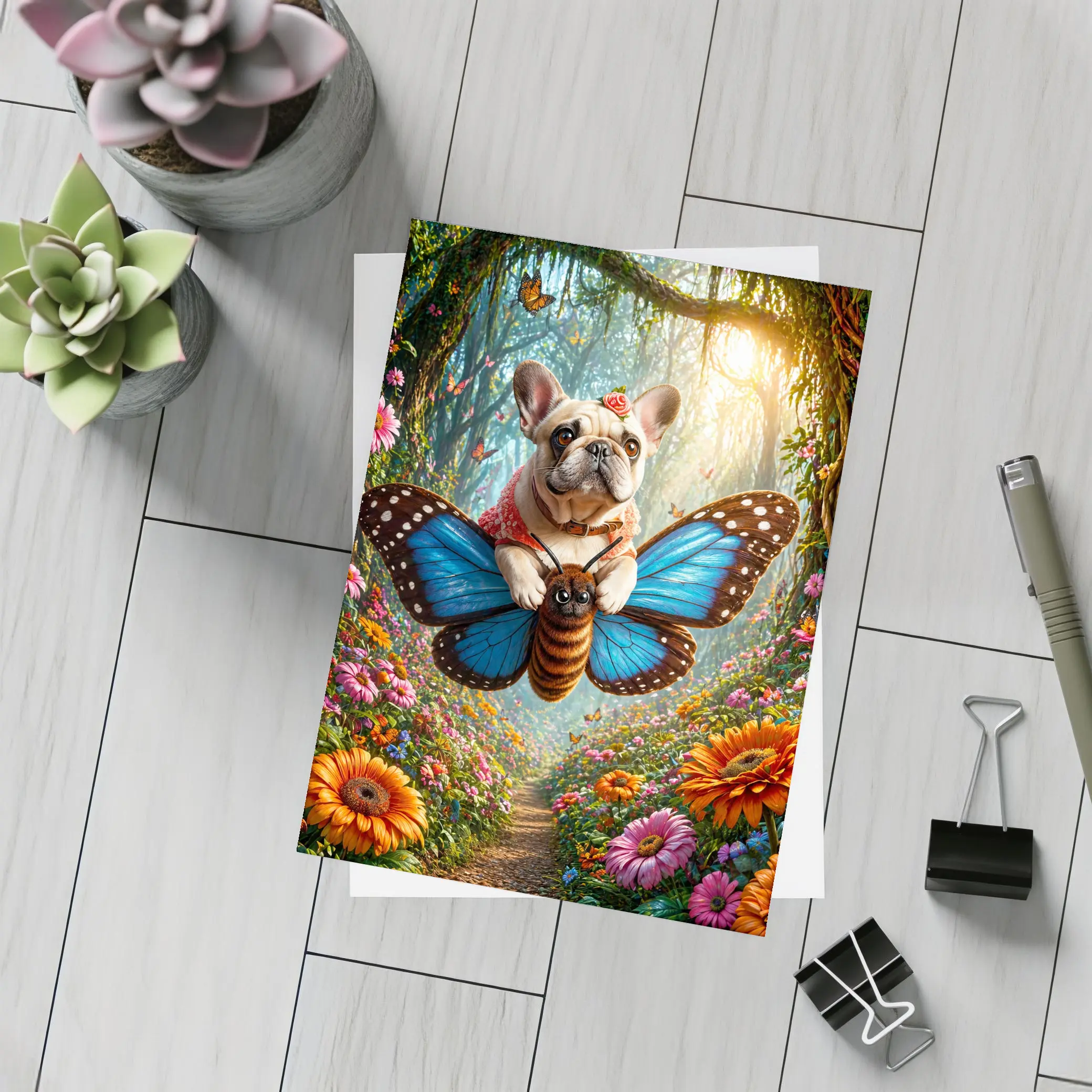 French Bulldog Flying Butterfly Magical Forest – Postcards