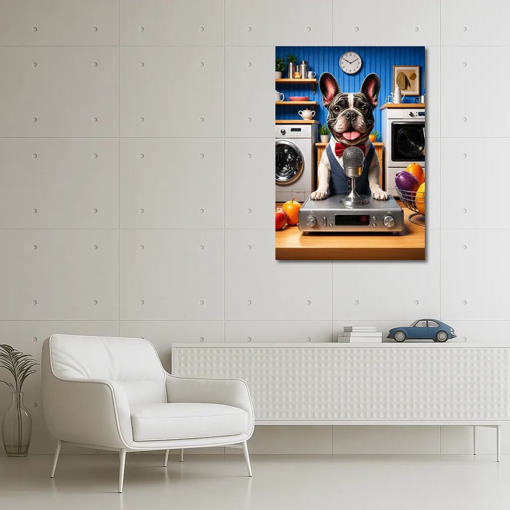 French Bulldog Host With Microphone Kitchen Setting – Wall Art