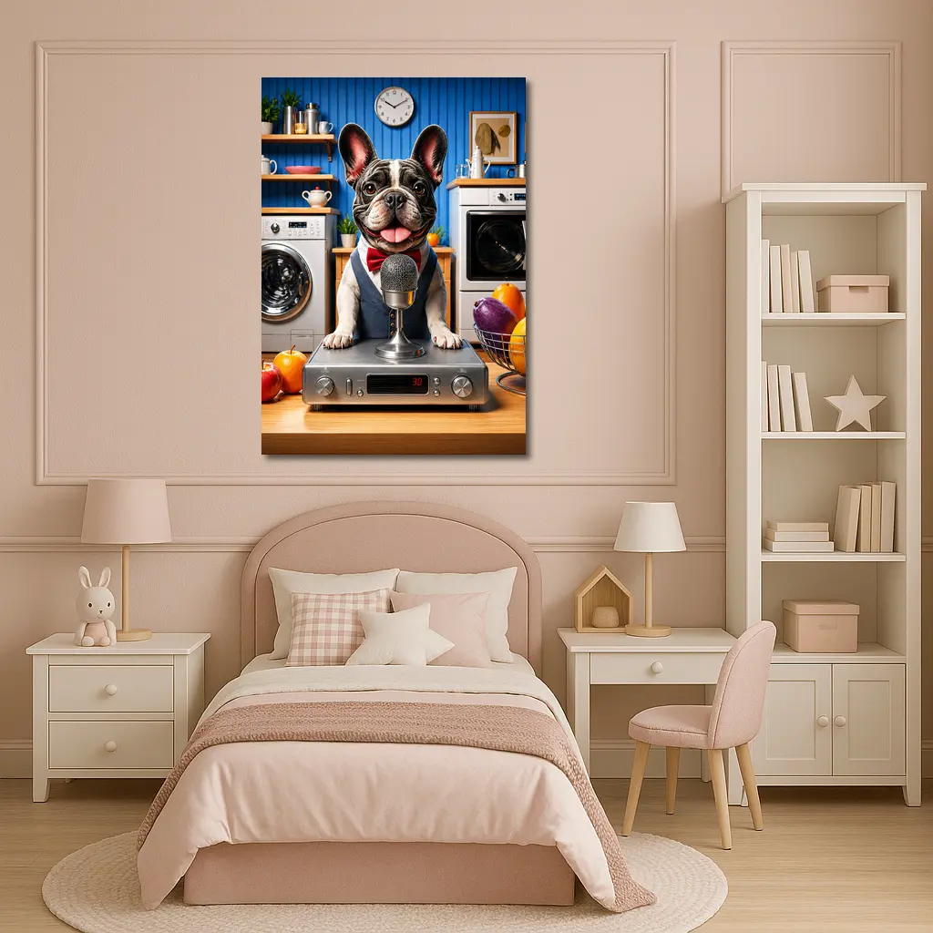 French Bulldog Host With Microphone Kitchen Setting – Wall Art
