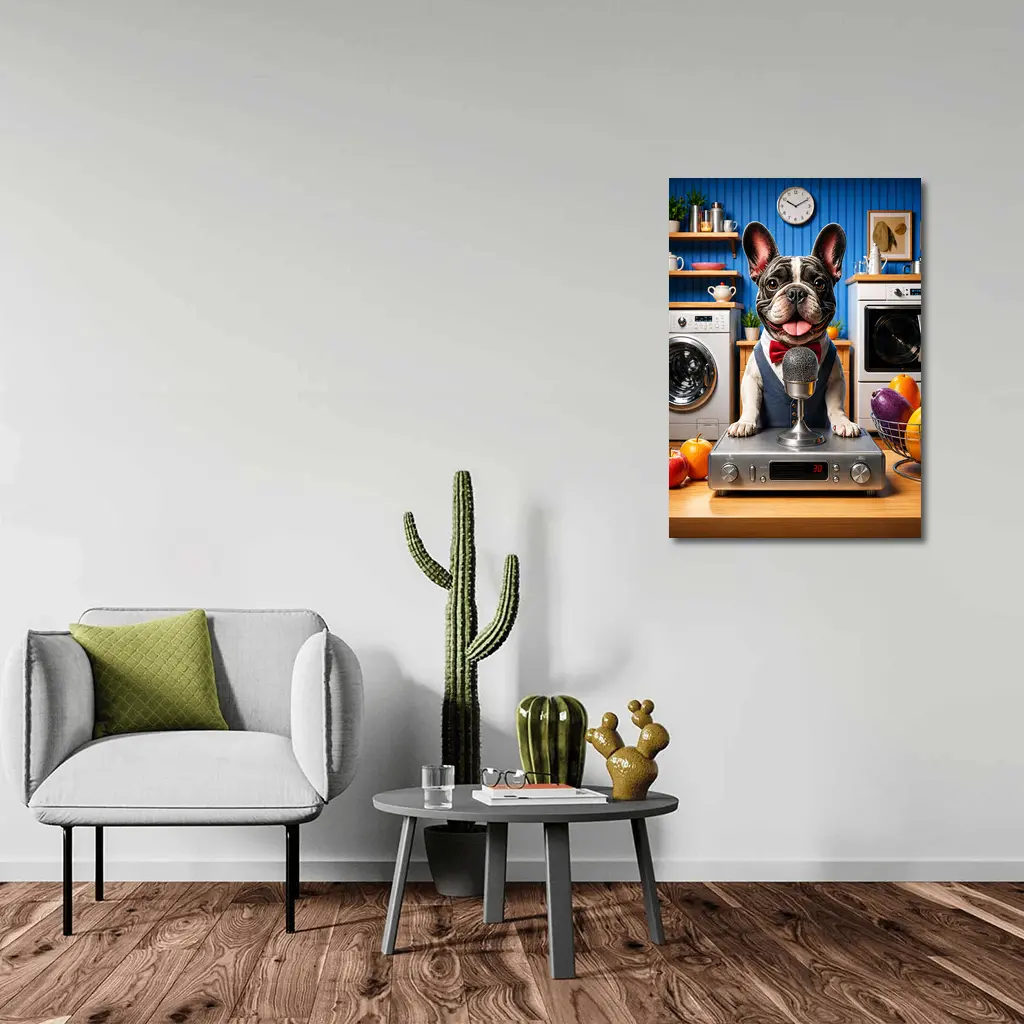 French Bulldog Host With Microphone Kitchen Setting – Wall Art