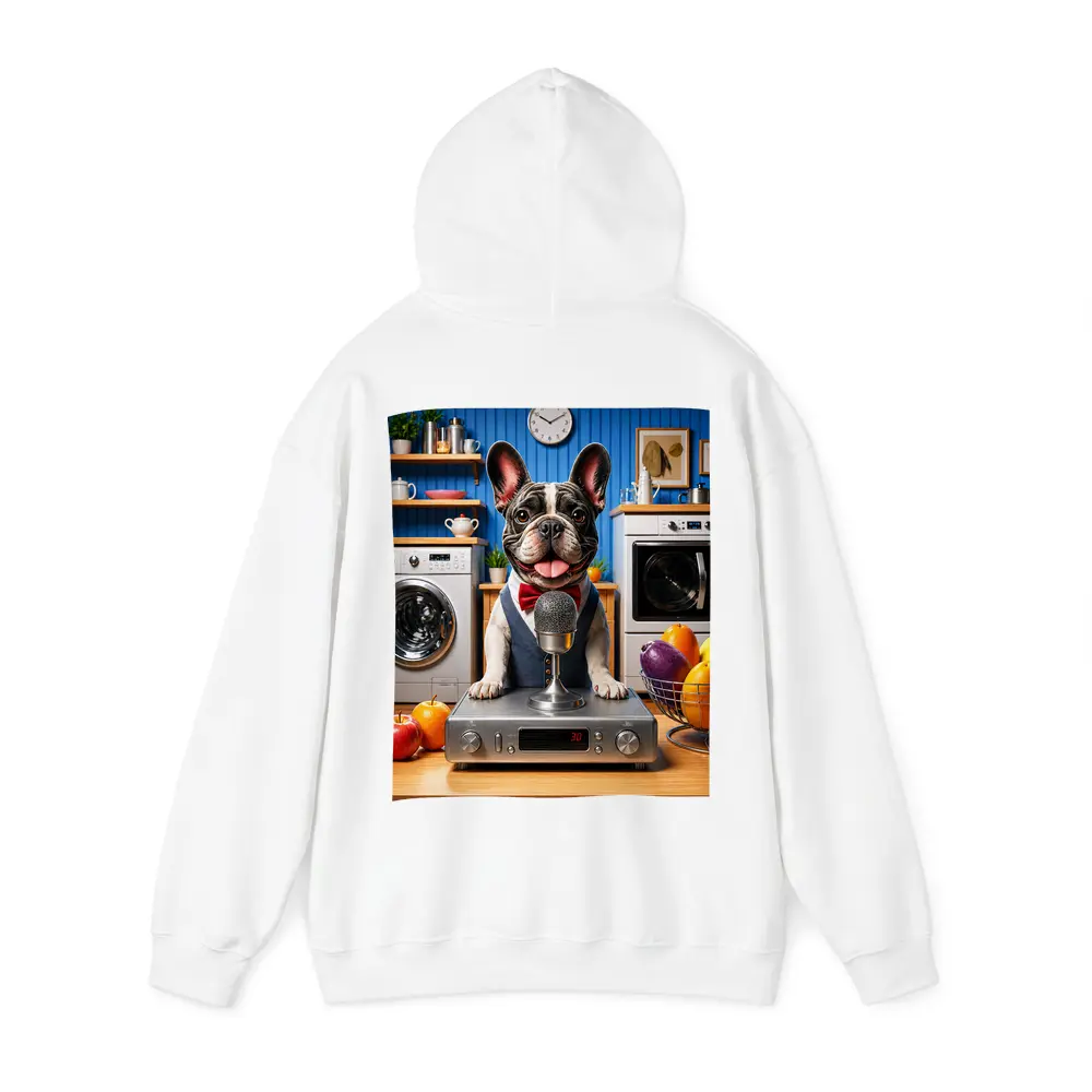 French Bulldog Host With Microphone Kitchen Setting – Hoodies