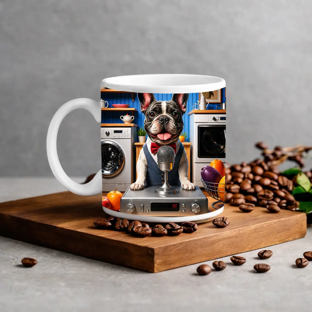 French Bulldog Host With Microphone Kitchen Setting – Mugs