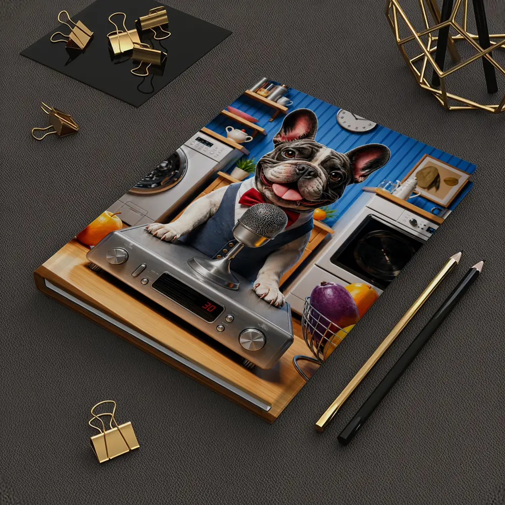 French Bulldog Host With Microphone Kitchen Setting – Notebooks