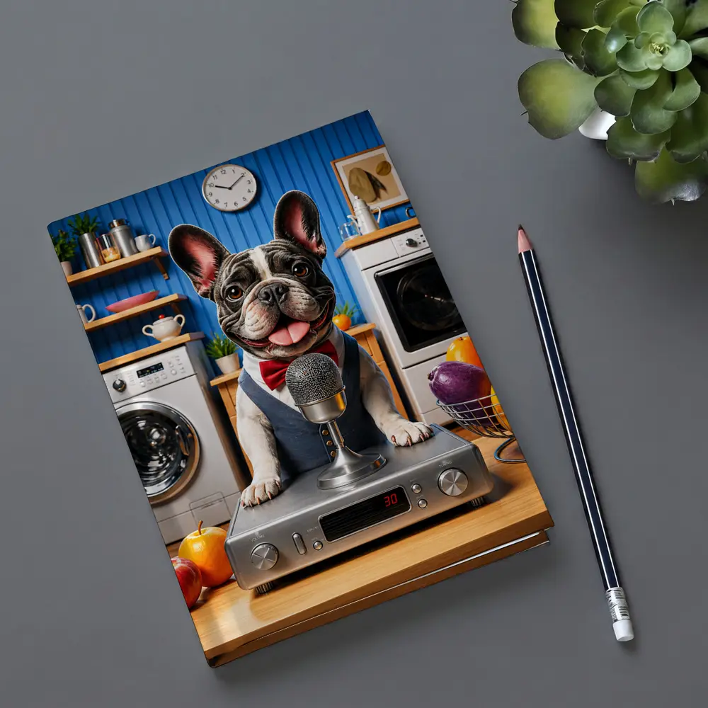 French Bulldog Host With Microphone Kitchen Setting – Notebooks