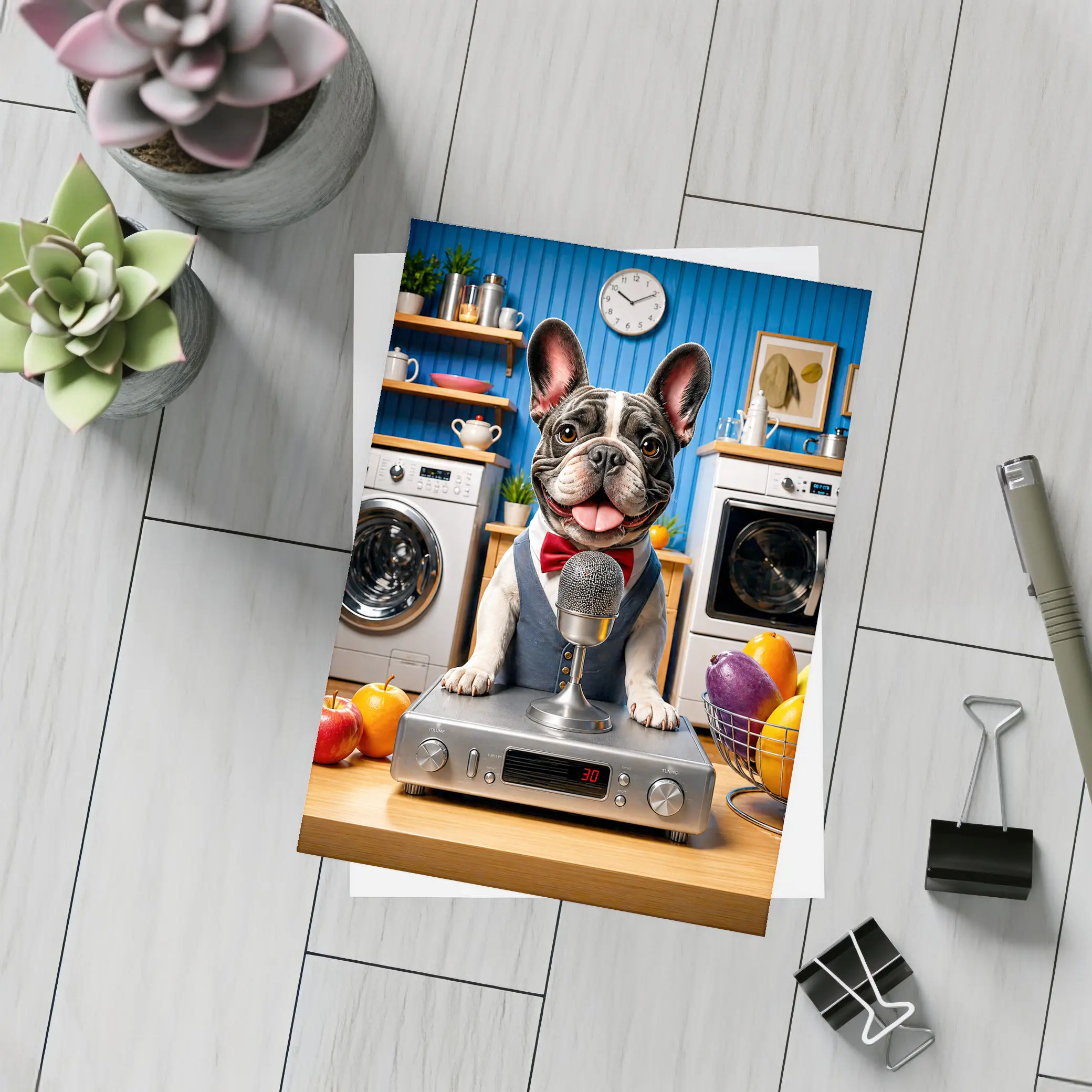 French Bulldog Host With Microphone Kitchen Setting – Postcards