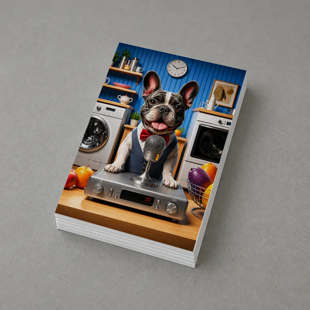 French Bulldog Host With Microphone Kitchen Setting – Postcards