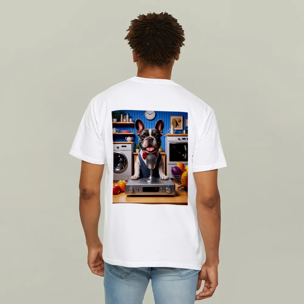 French Bulldog Host With Microphone Kitchen Setting – T-Shirts