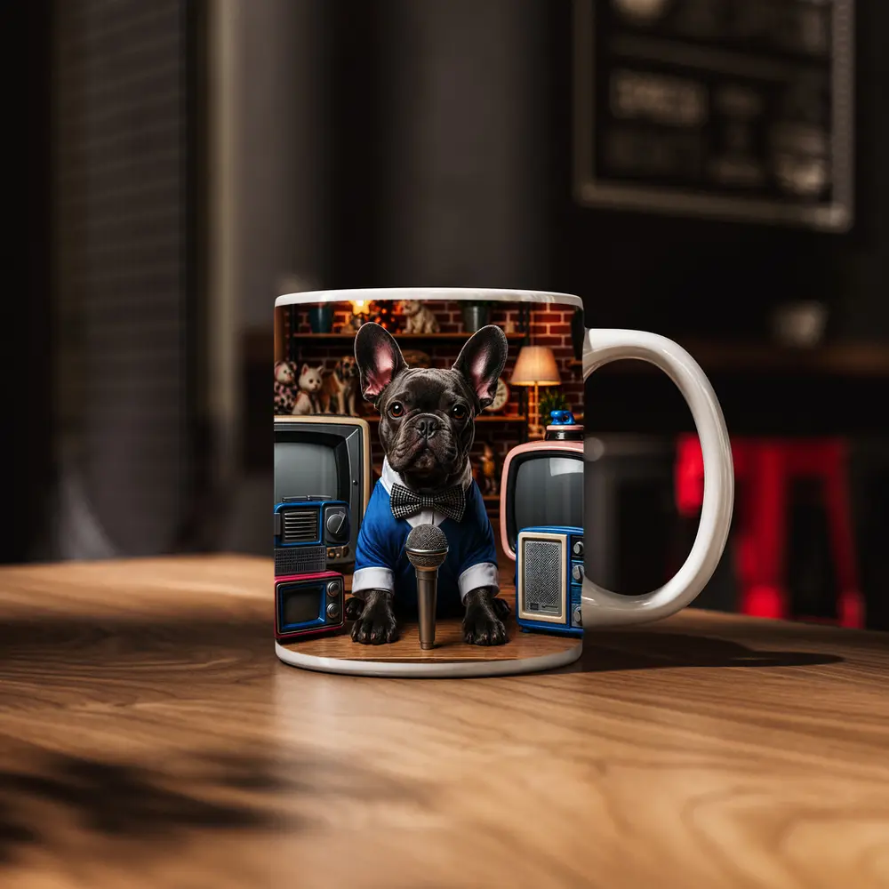 French Bulldog News Anchor Vintage TVs Studio – Mugs