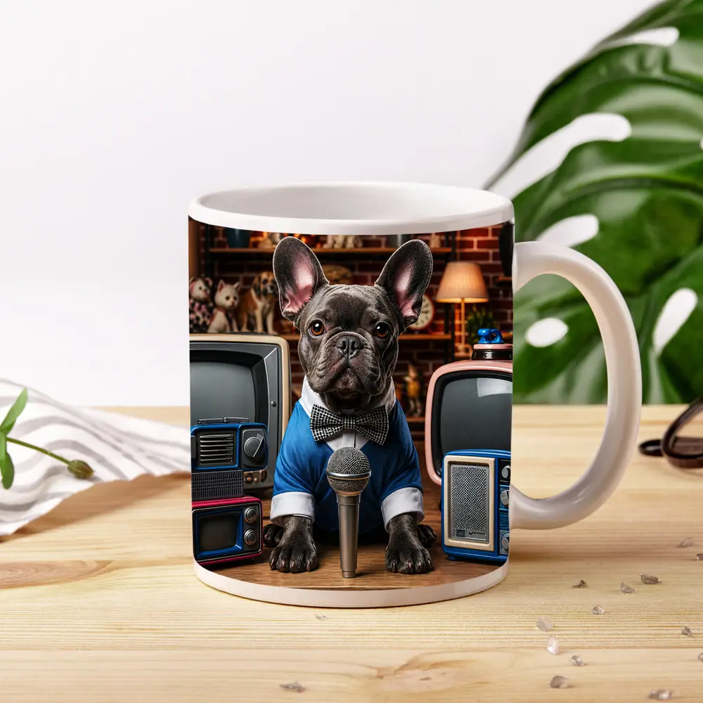 French Bulldog News Anchor Vintage TVs Studio – Mugs