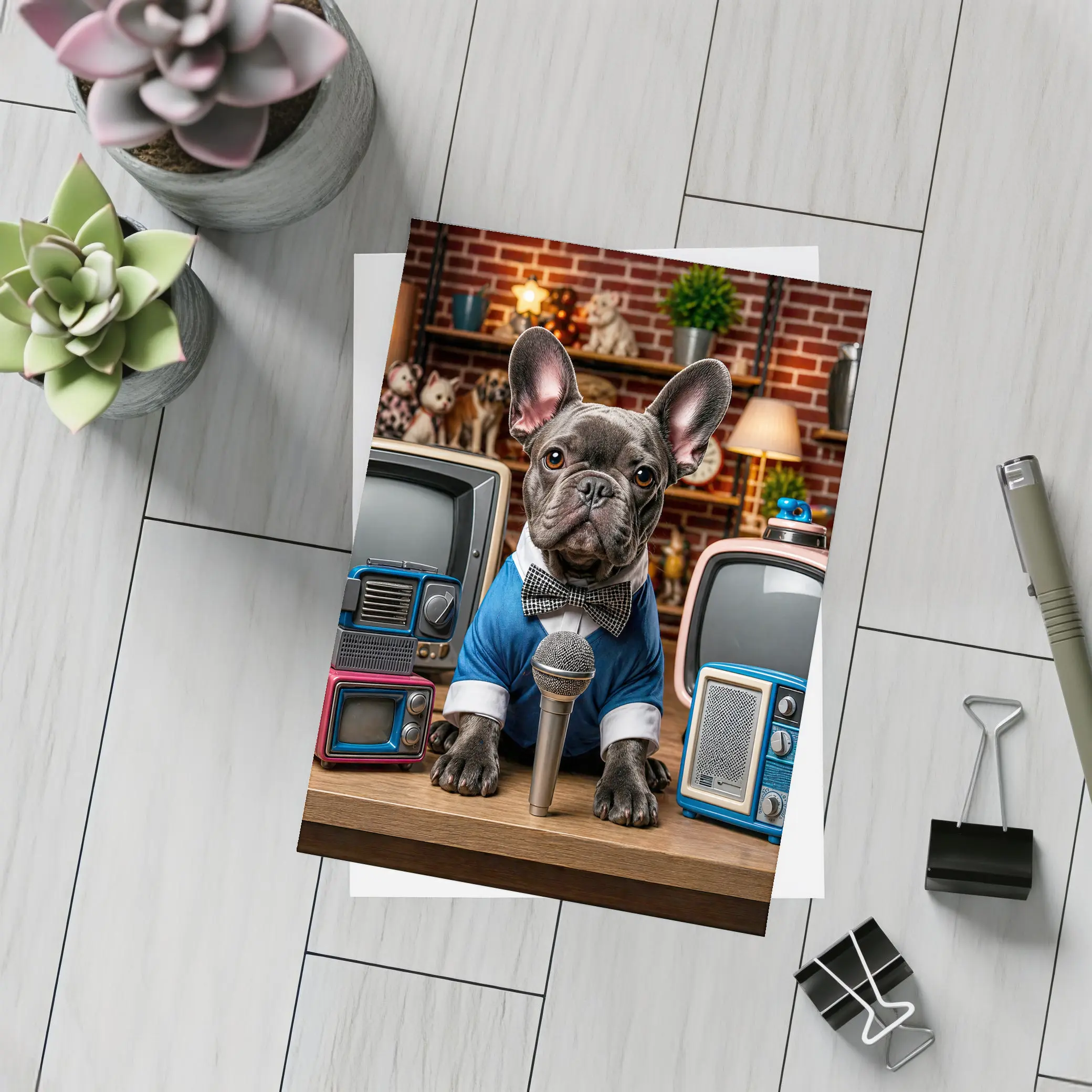 French Bulldog News Anchor Vintage TVs Studio – Postcards