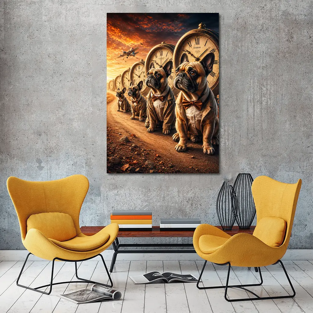 French Bulldogs With Clocks Sunset Sky – Wall Art