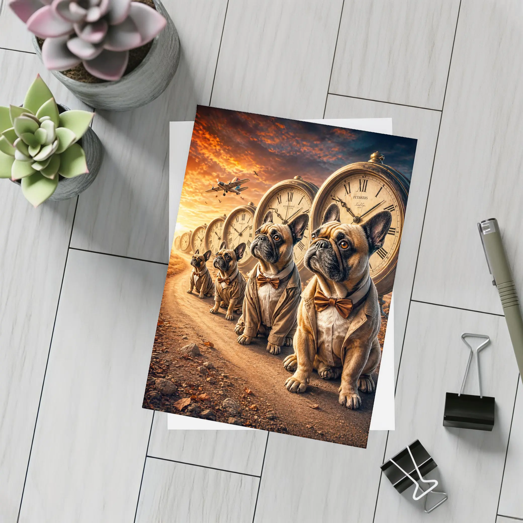 French Bulldogs With Clocks Sunset Sky – Postcards