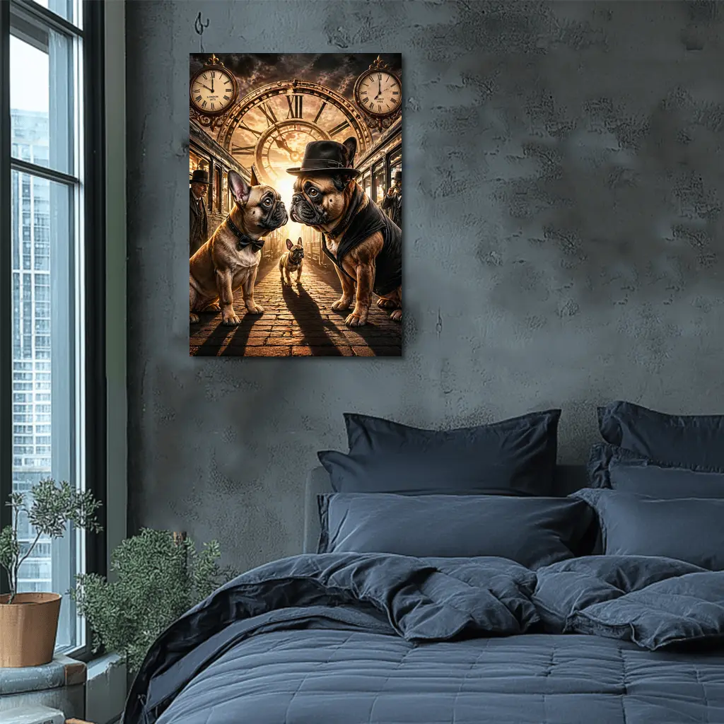 French Bulldogs Steampunk Train Station Clock – Wall Art