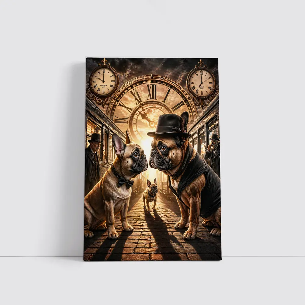French Bulldogs Steampunk Train Station Clock – Wall Art