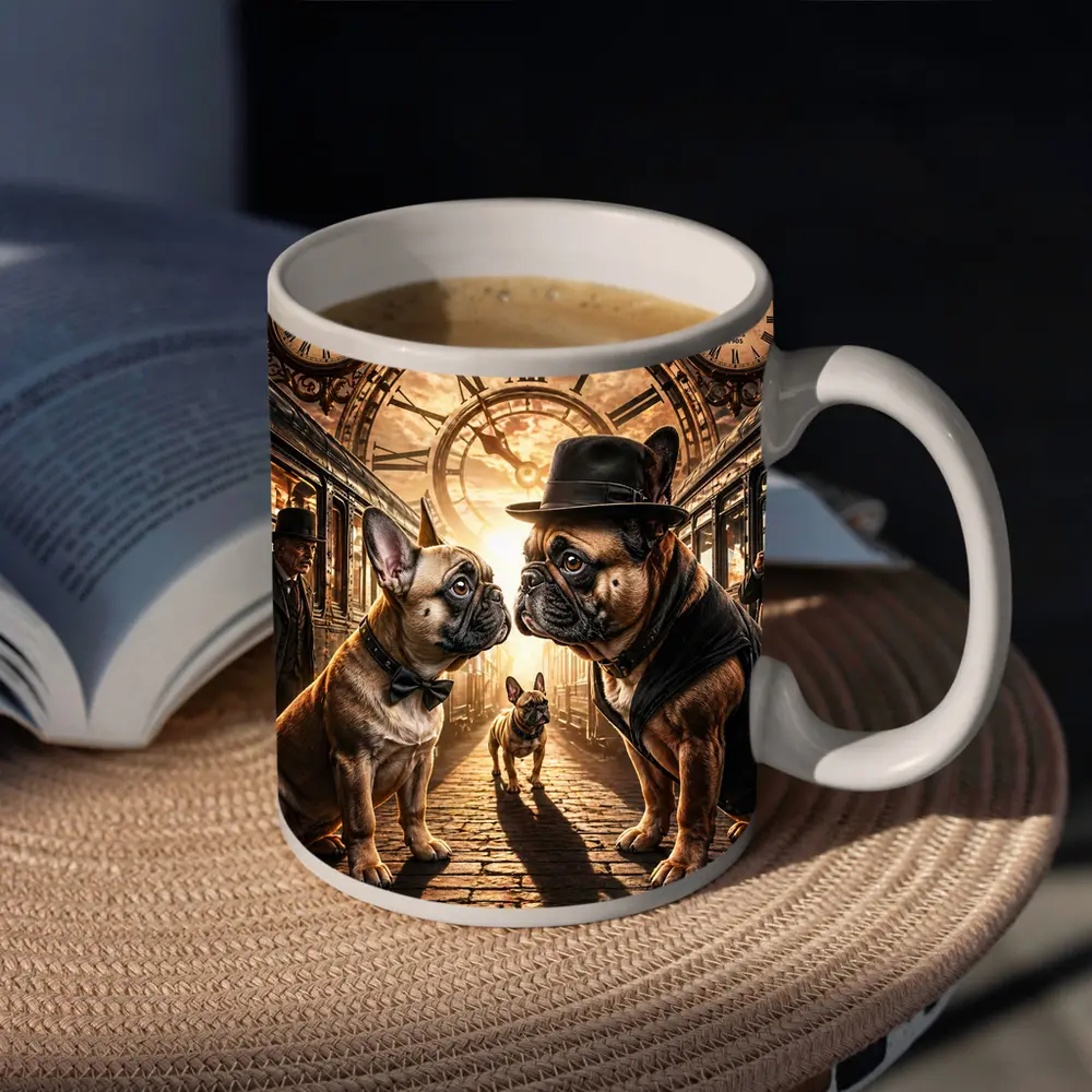 French Bulldogs Steampunk Train Station Clock – Mugs