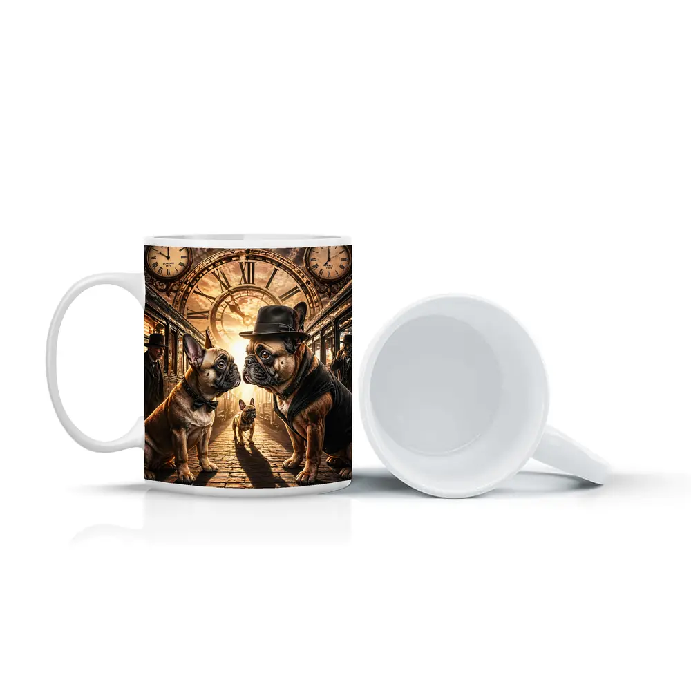 French Bulldogs Steampunk Train Station Clock – Mugs