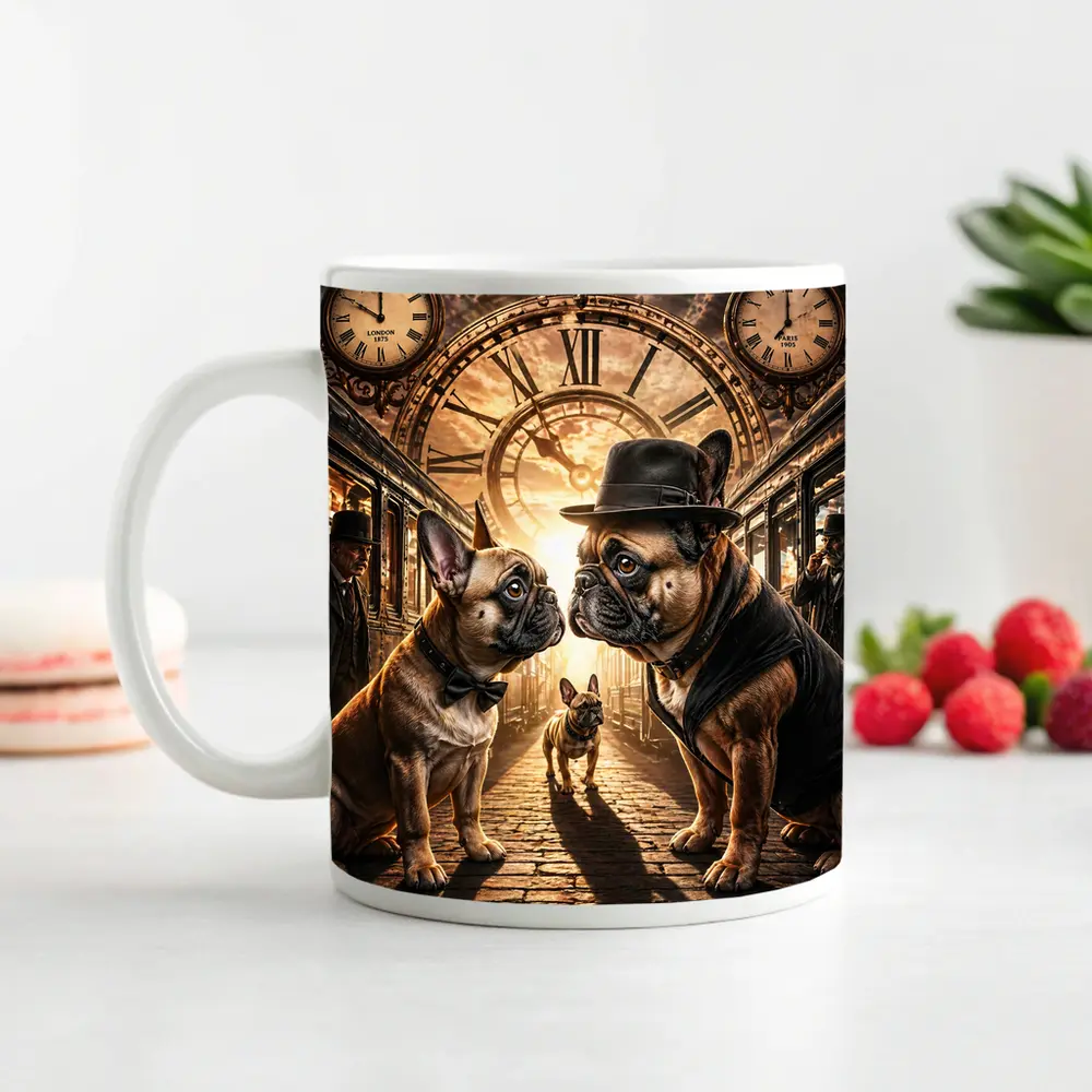 French Bulldogs Steampunk Train Station Clock – Mugs