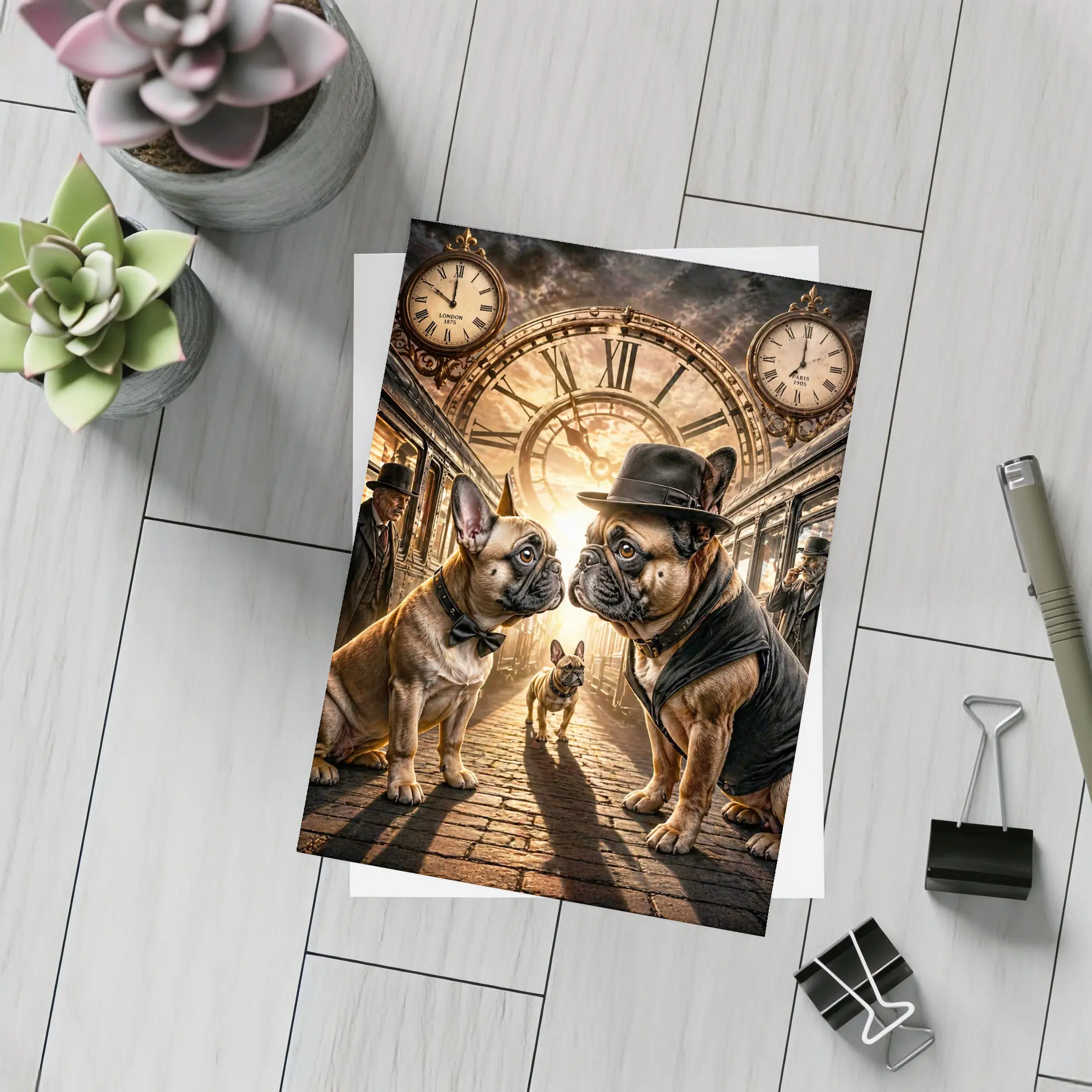 French Bulldogs Steampunk Train Station Clock – Postcards
