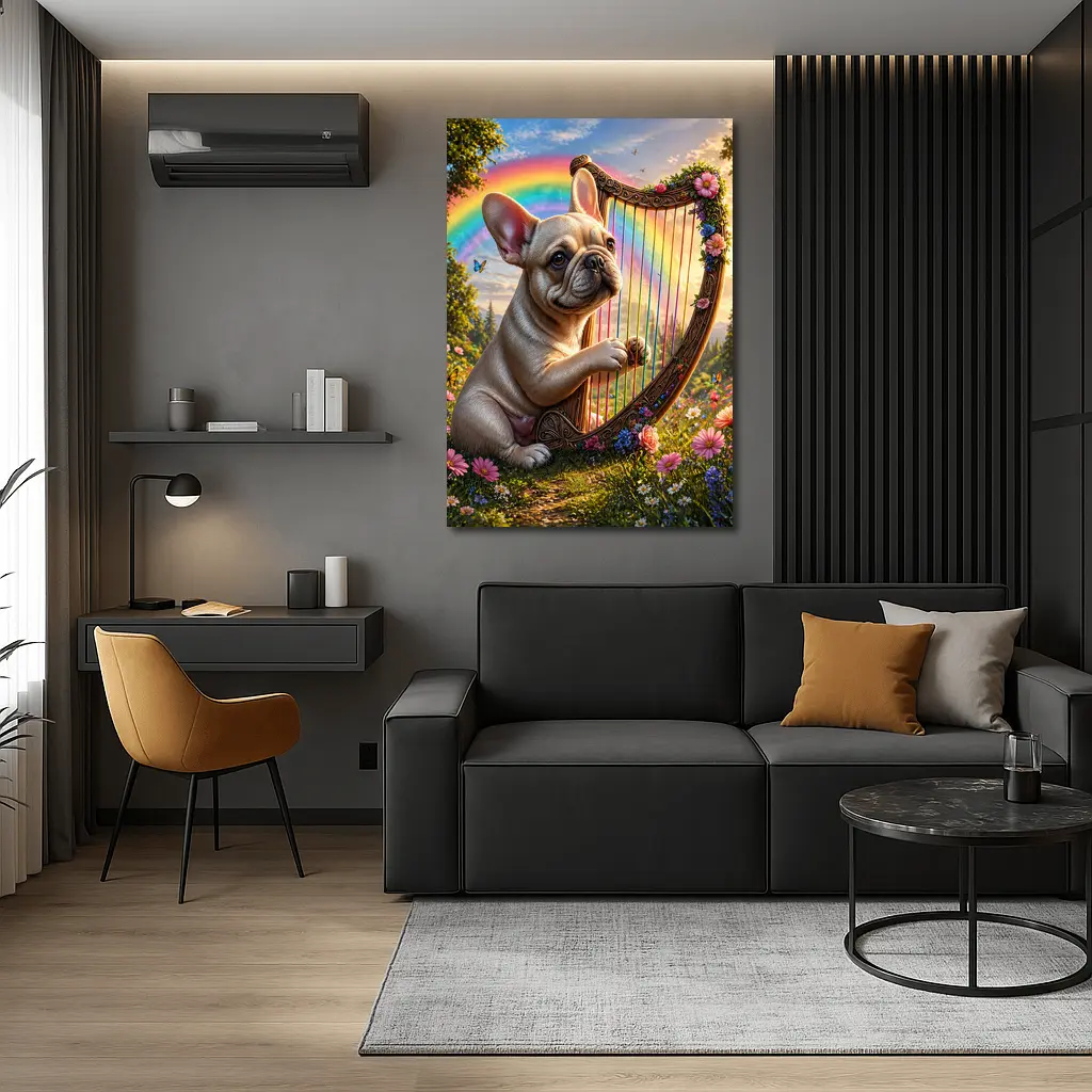 French Bulldog Playing Harp Rainbow Garden – Wall Art
