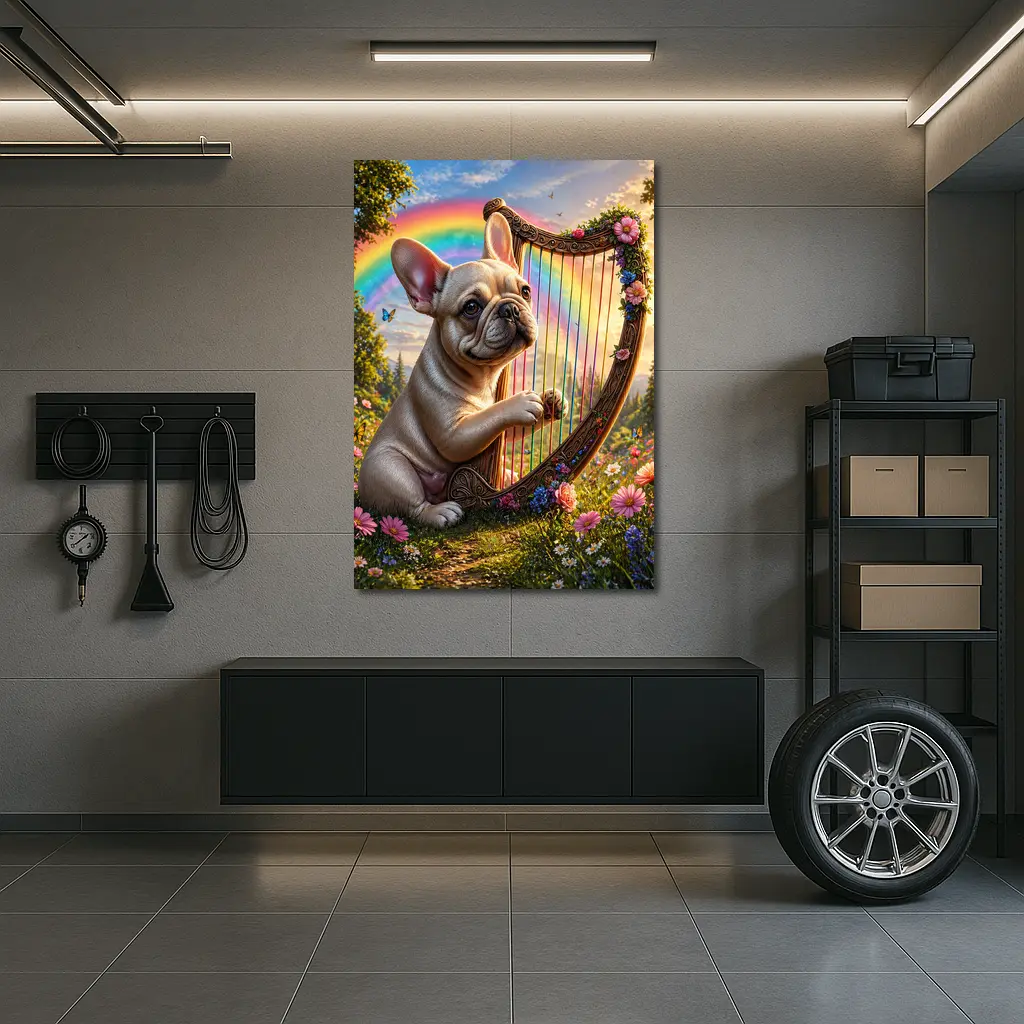 French Bulldog Playing Harp Rainbow Garden – Wall Art