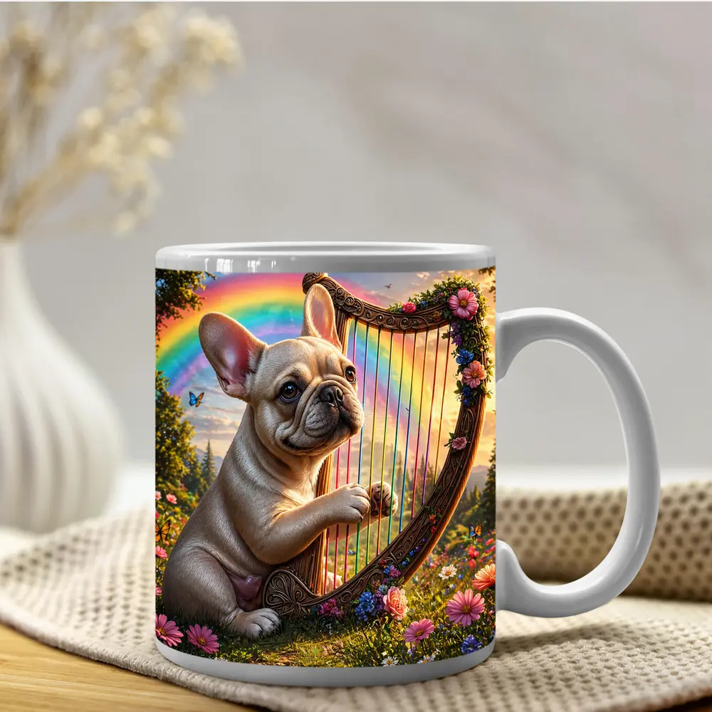 French Bulldog Playing Harp Rainbow Garden – Mugs