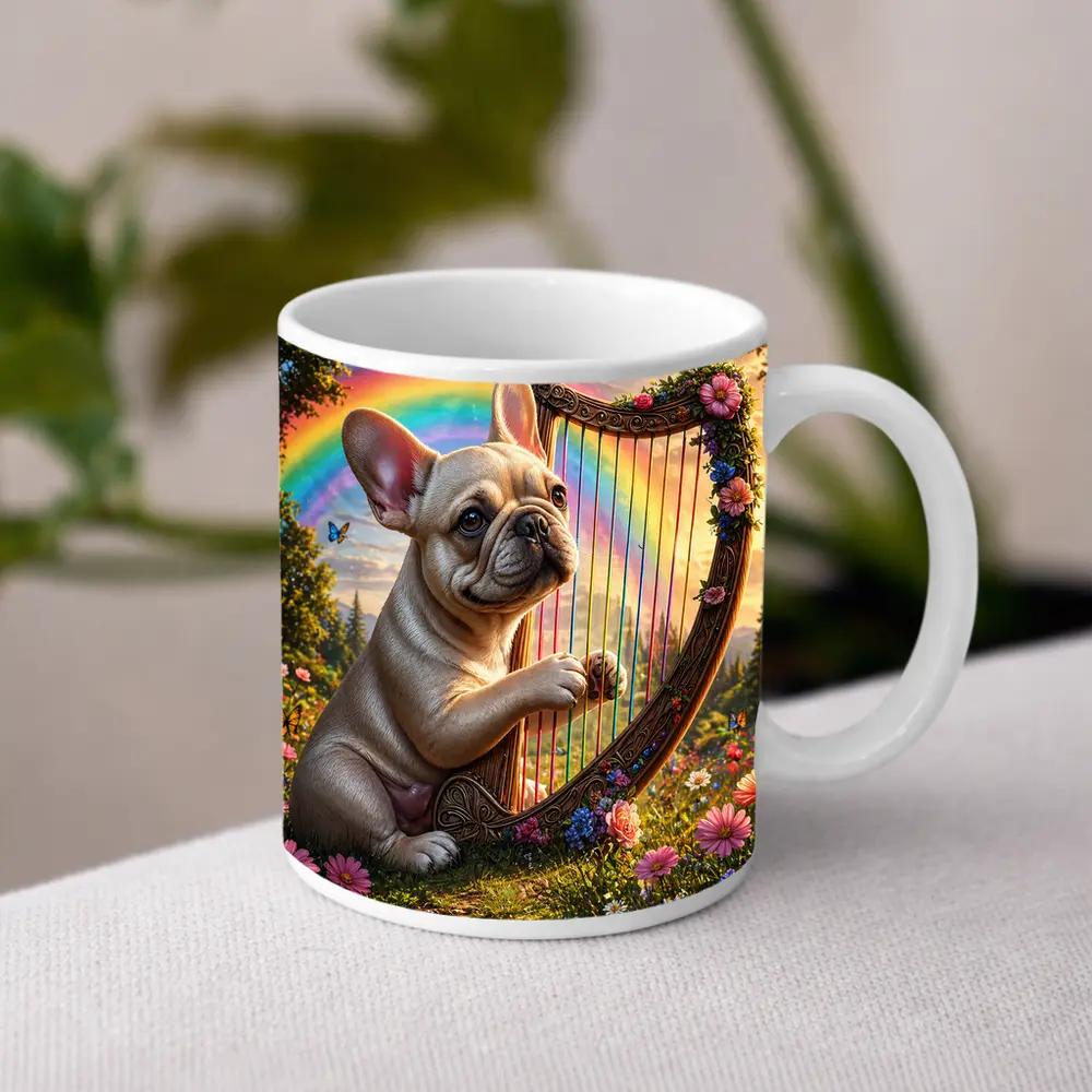 French Bulldog Playing Harp Rainbow Garden – Mugs