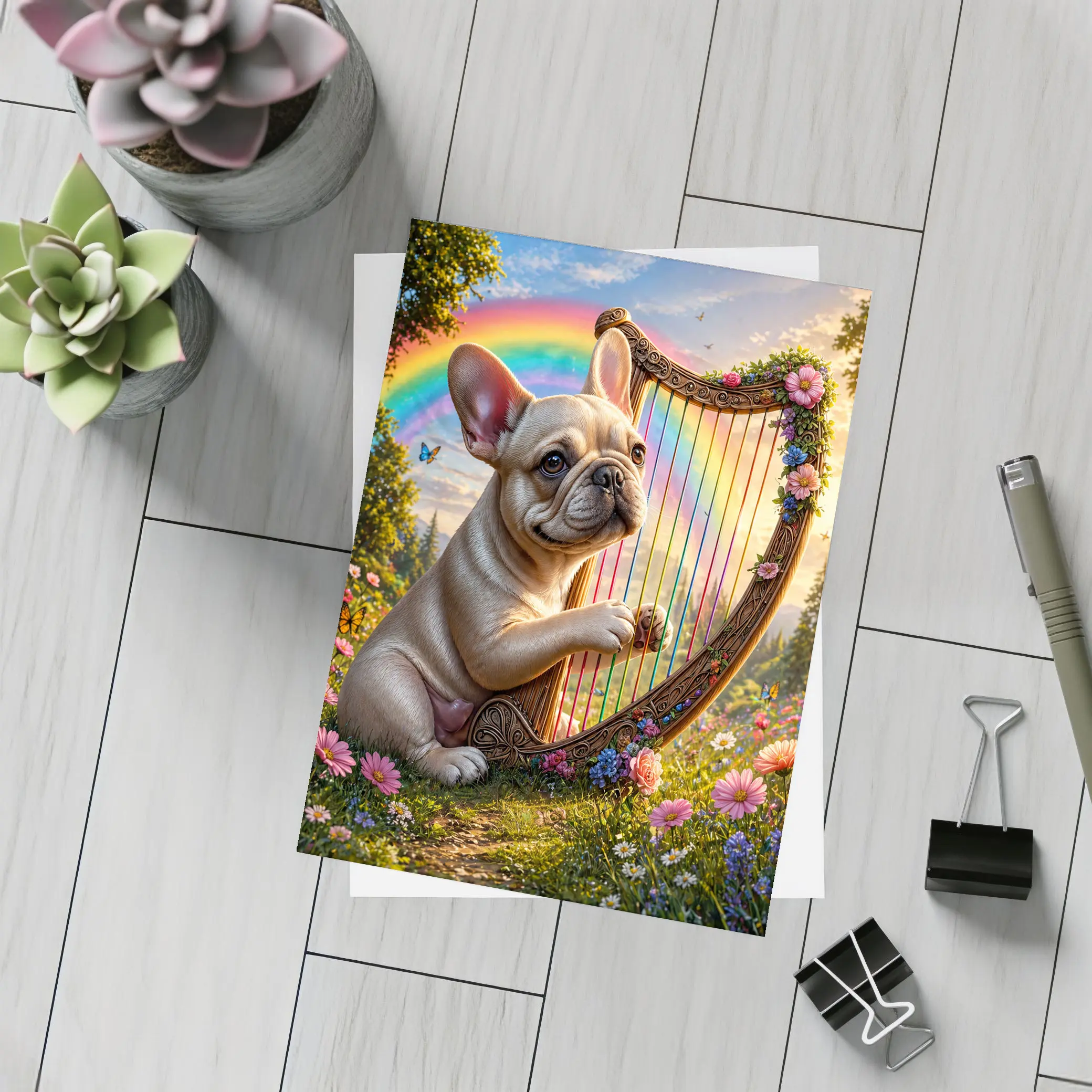 French Bulldog Playing Harp Rainbow Garden – Postcards
