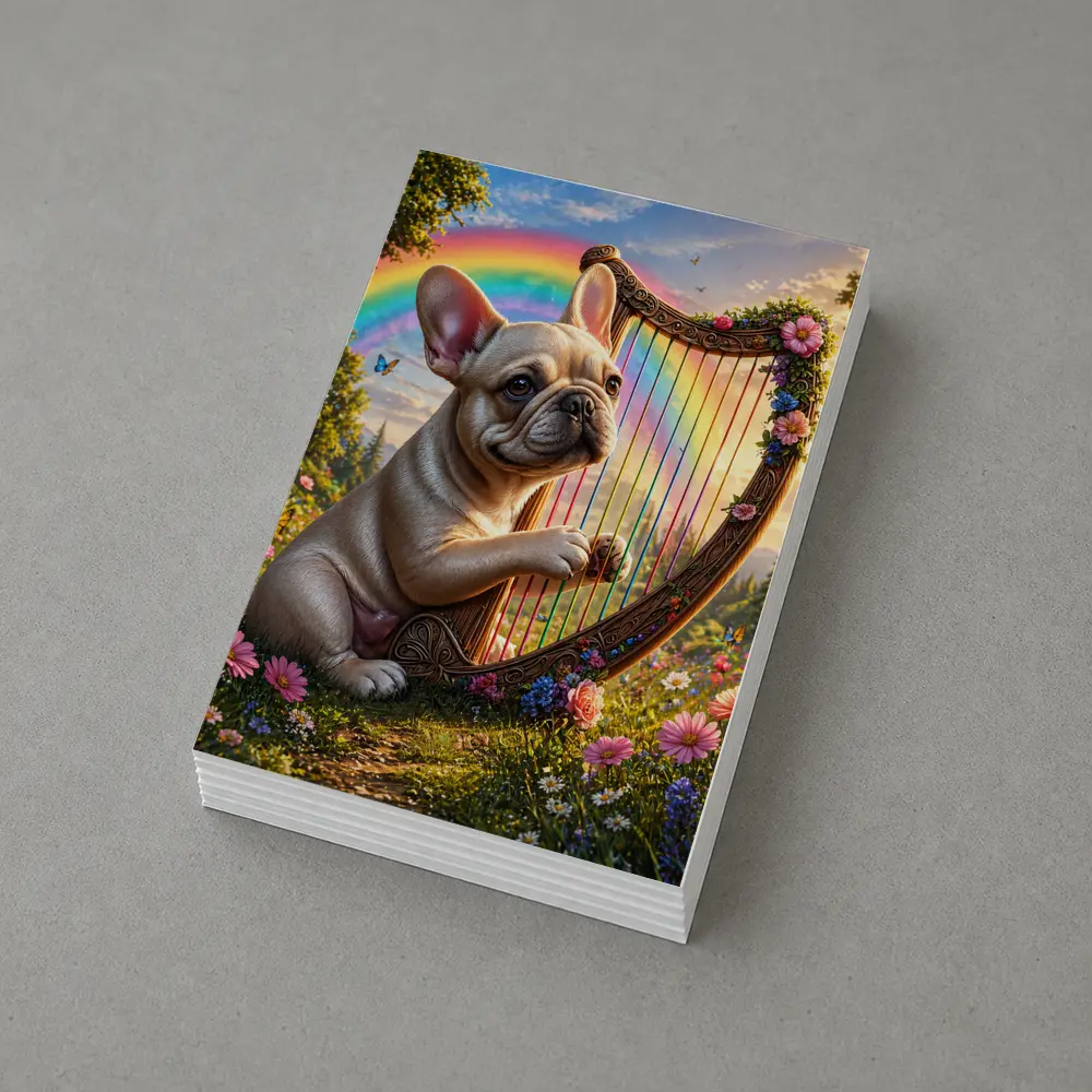 French Bulldog Playing Harp Rainbow Garden – Postcards