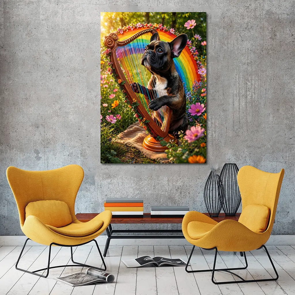 French Bulldog Playing Rainbow Harp Garden – Wall Art