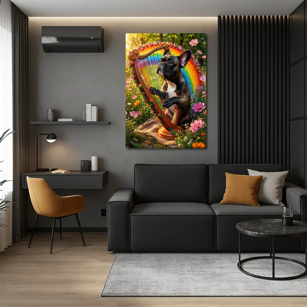 French Bulldog Playing Rainbow Harp Garden – Wall Art