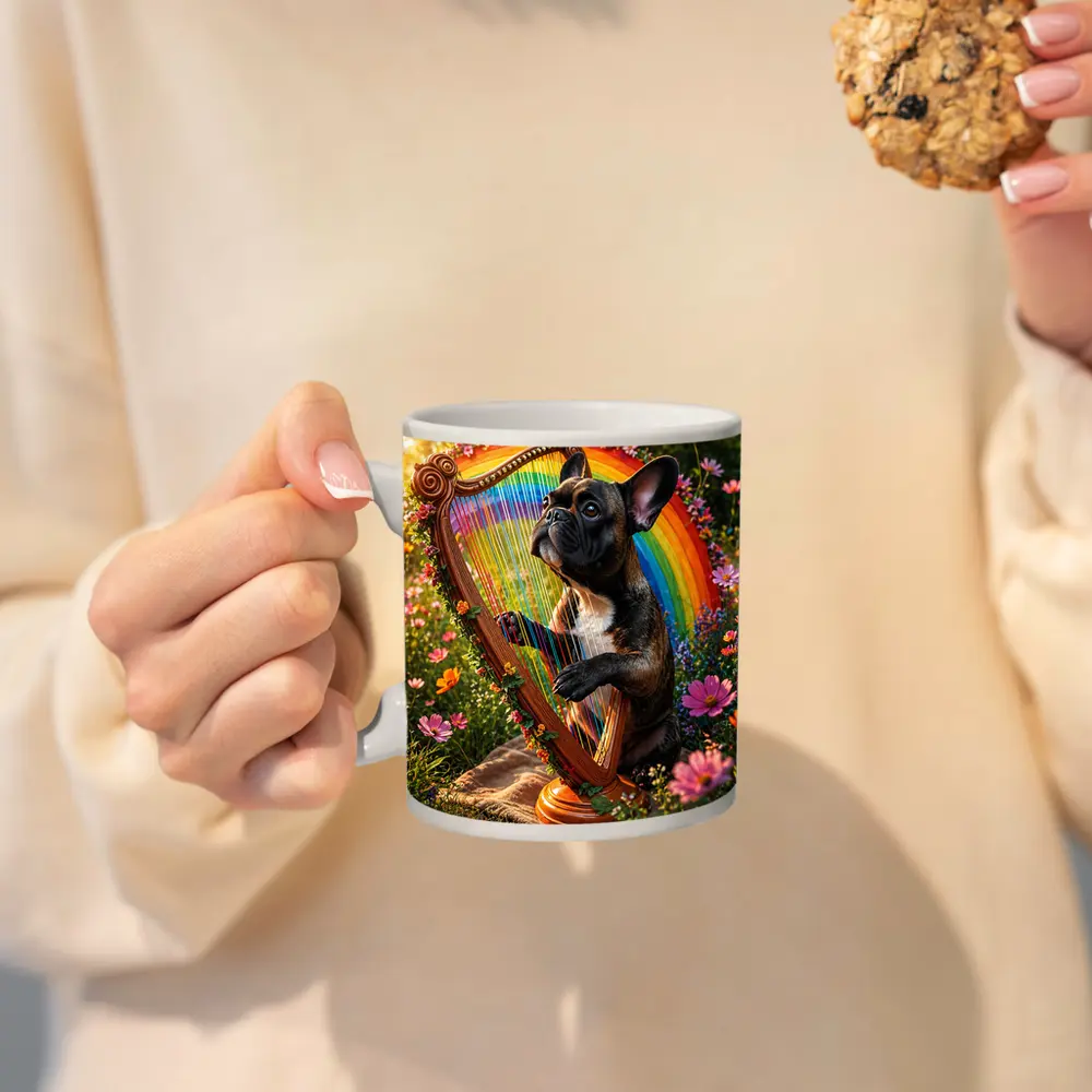 French Bulldog Playing Rainbow Harp Garden – Mugs
