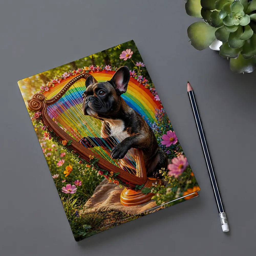 French Bulldog Playing Rainbow Harp Garden – Notebooks