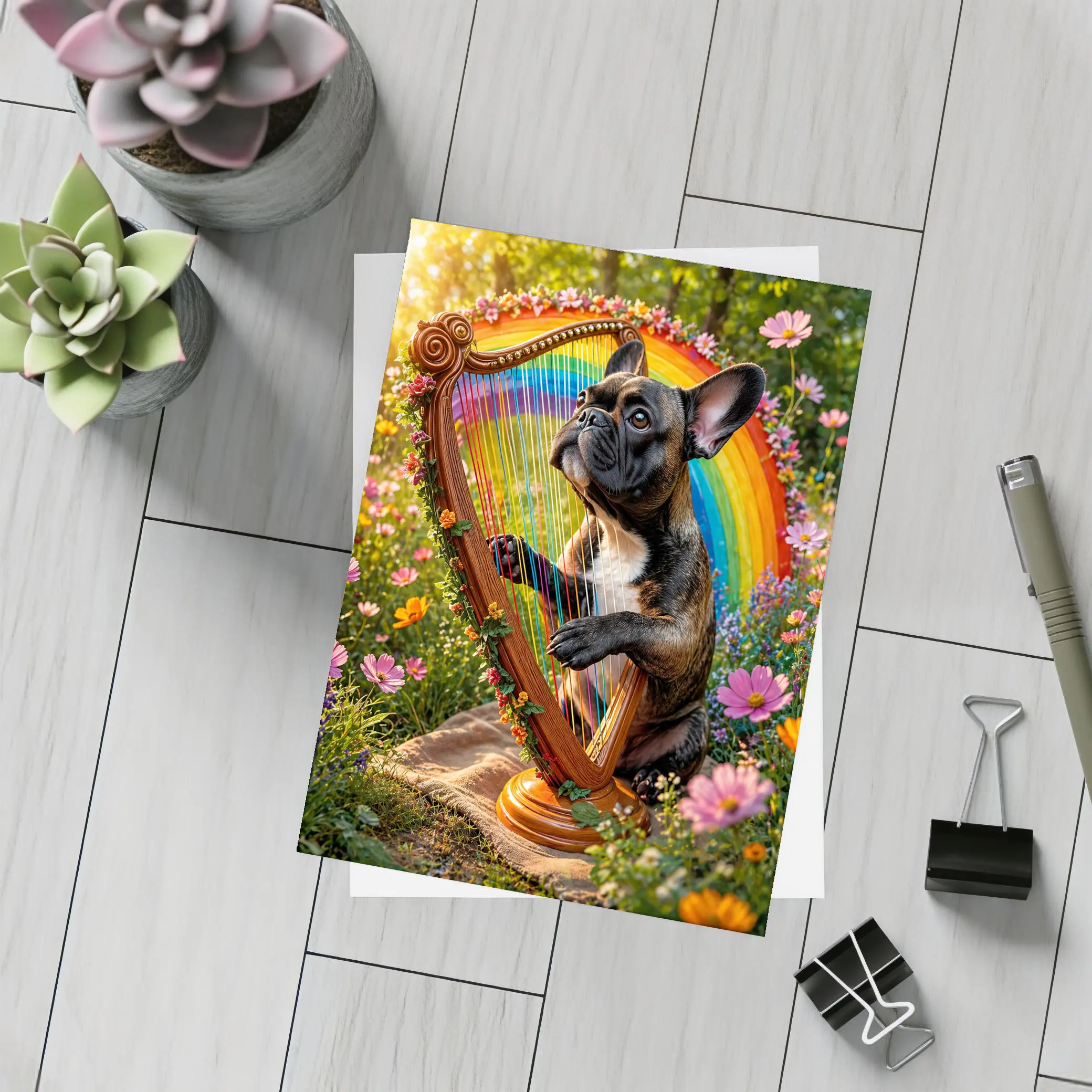 French Bulldog Playing Rainbow Harp Garden – Postcards