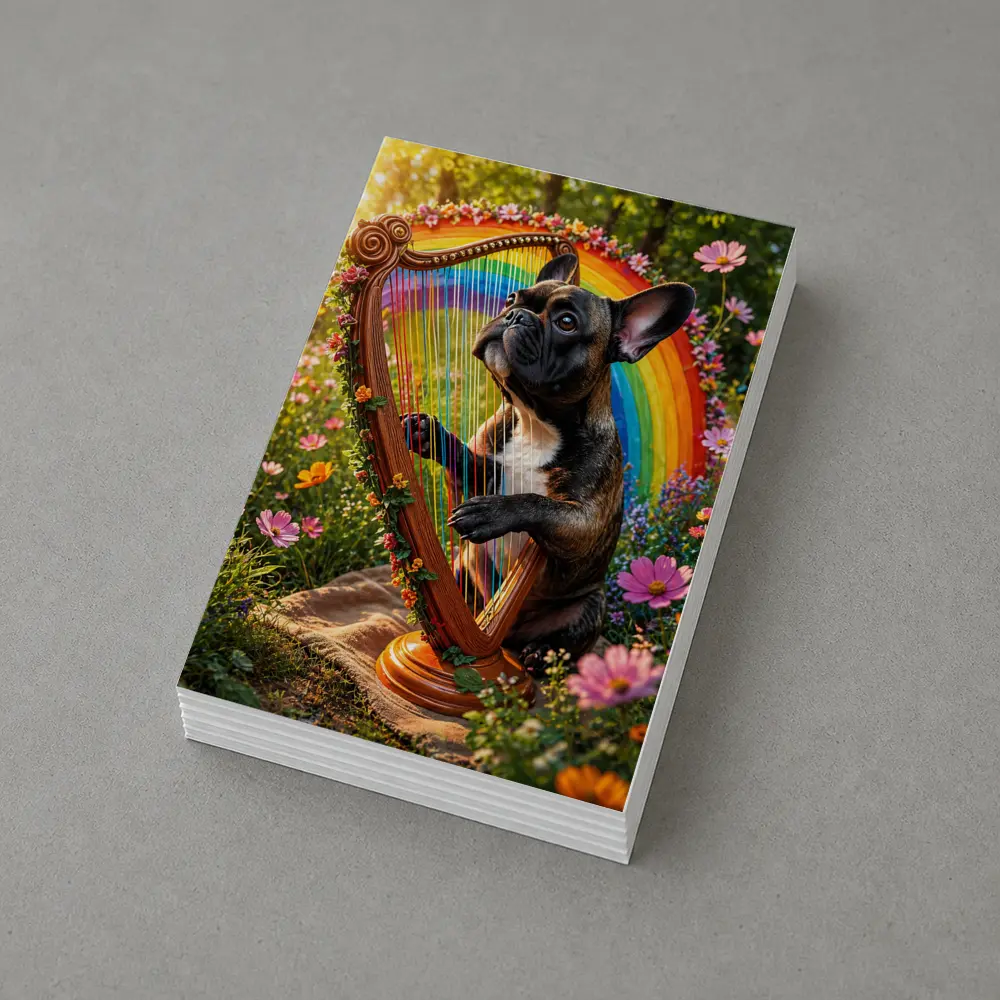 French Bulldog Playing Rainbow Harp Garden – Postcards