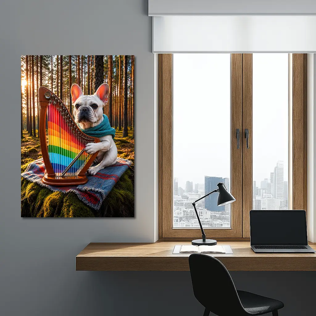 French Bulldog Playing Rainbow Harp Forest – Wall Art