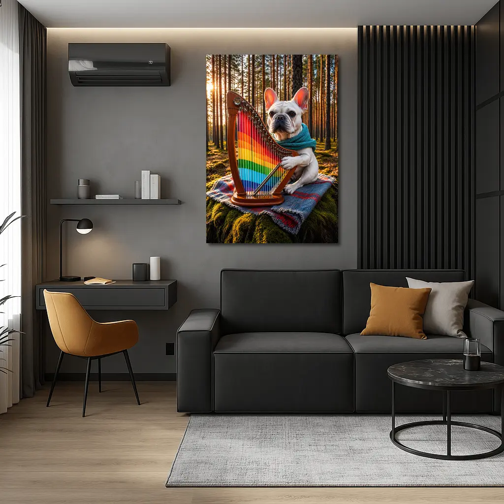 French Bulldog Playing Rainbow Harp Forest – Wall Art