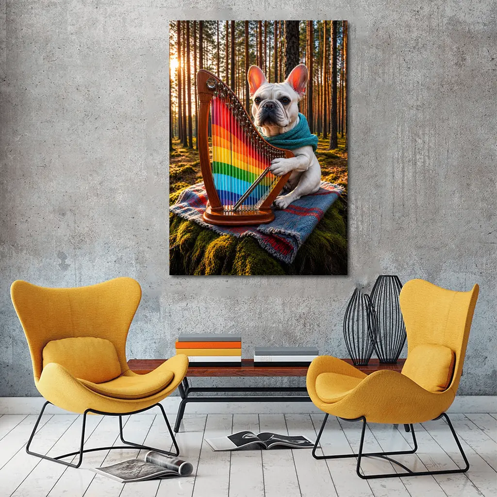 French Bulldog Playing Rainbow Harp Forest – Wall Art