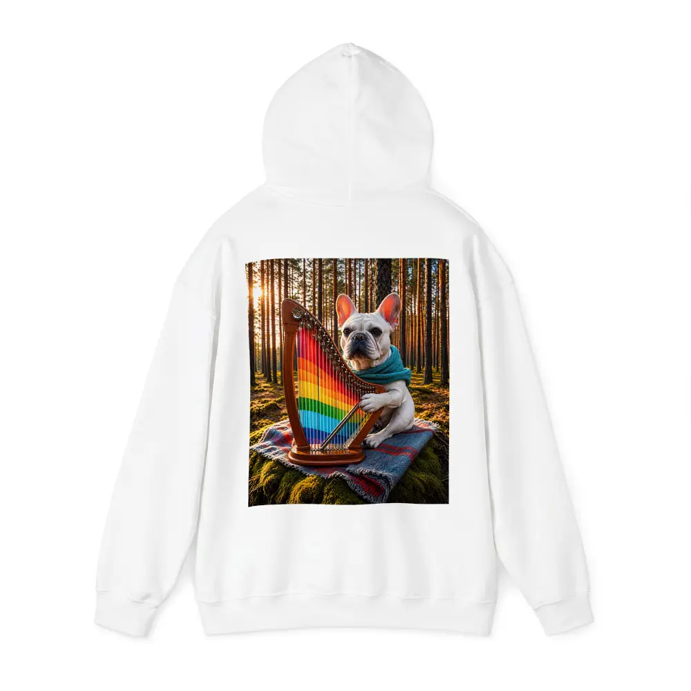 French Bulldog Playing Rainbow Harp Forest – Hoodies