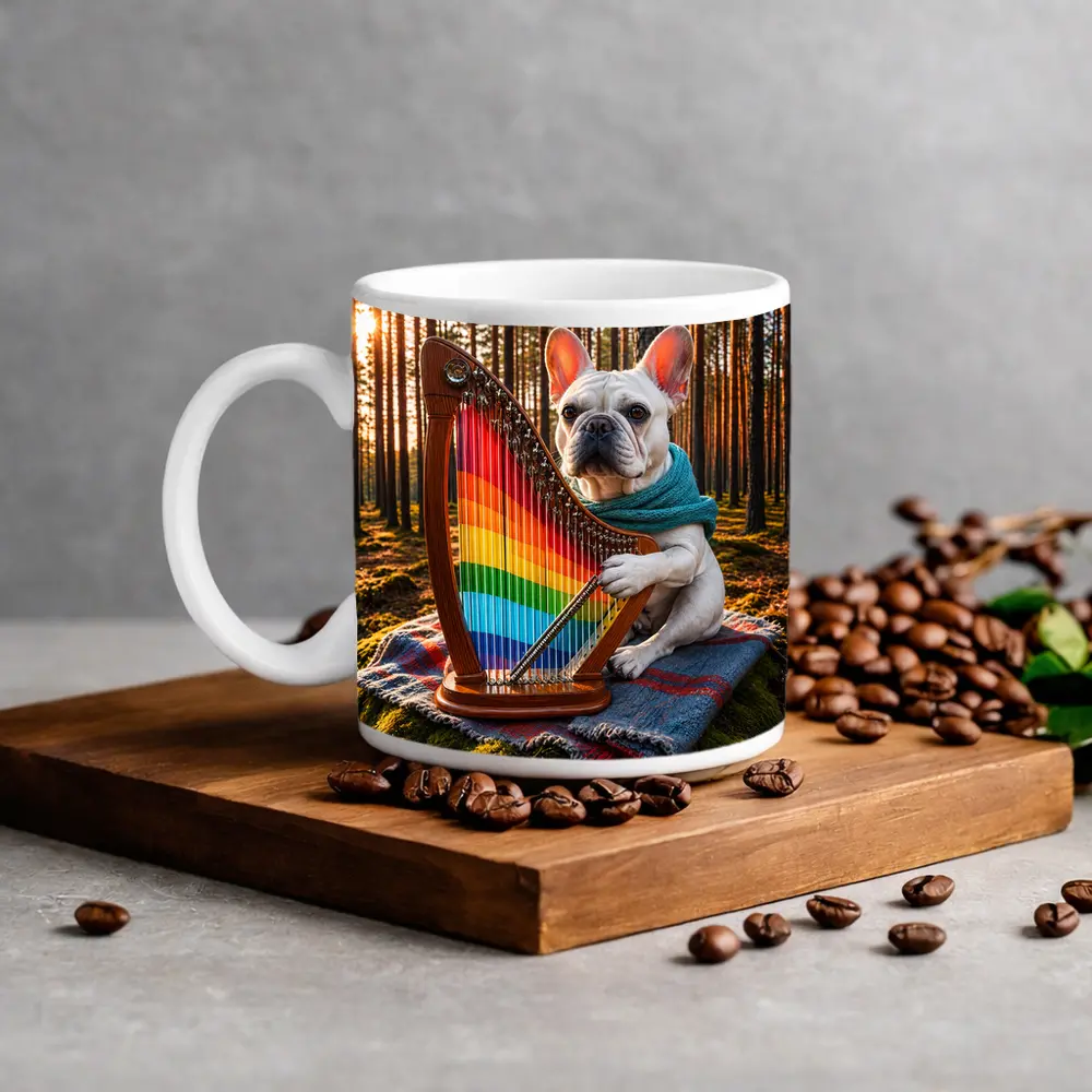 French Bulldog Playing Rainbow Harp Forest – Mugs