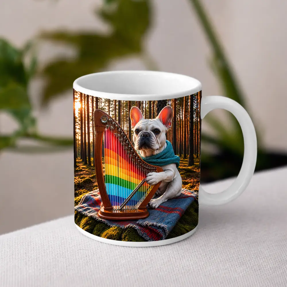 French Bulldog Playing Rainbow Harp Forest – Mugs