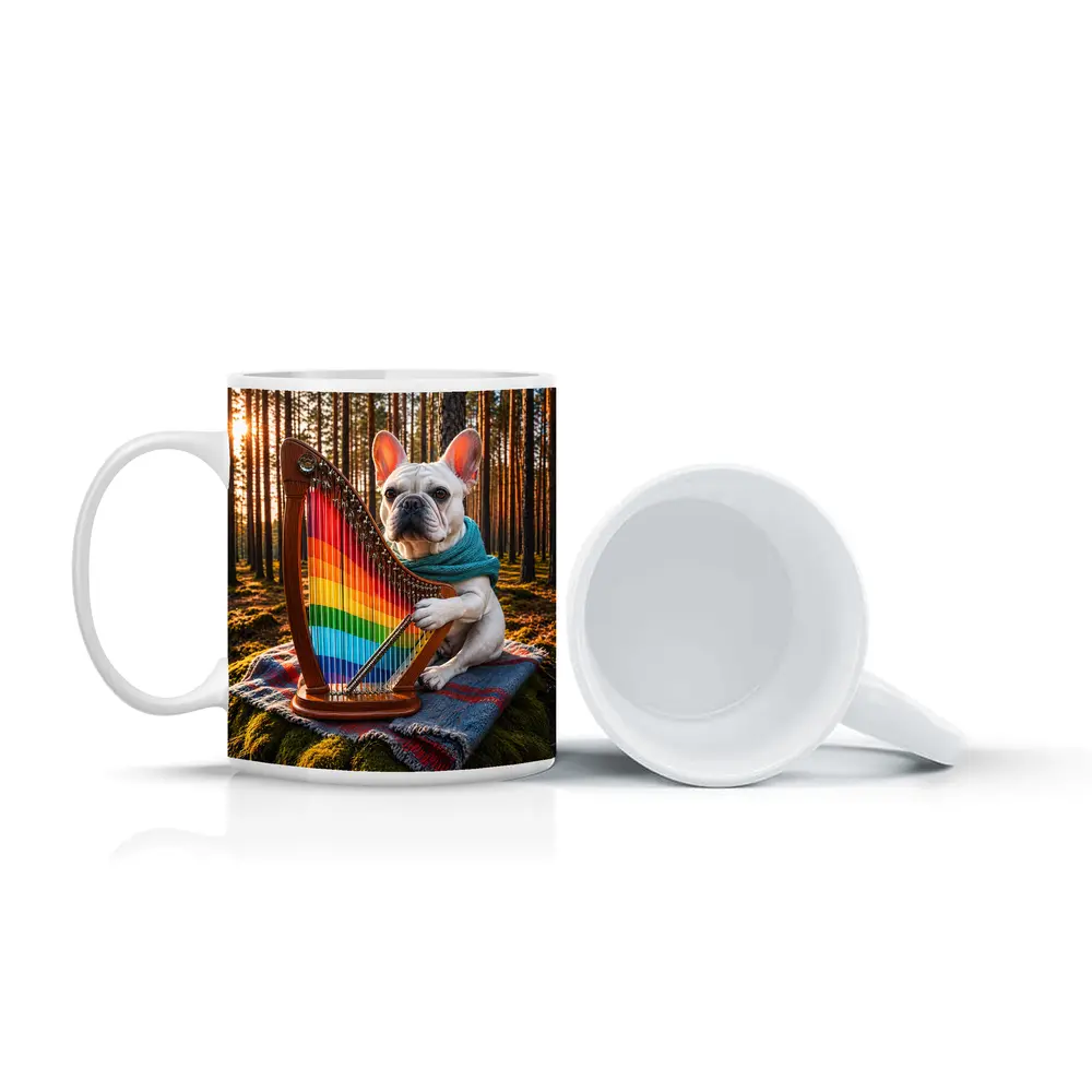 French Bulldog Playing Rainbow Harp Forest – Mugs