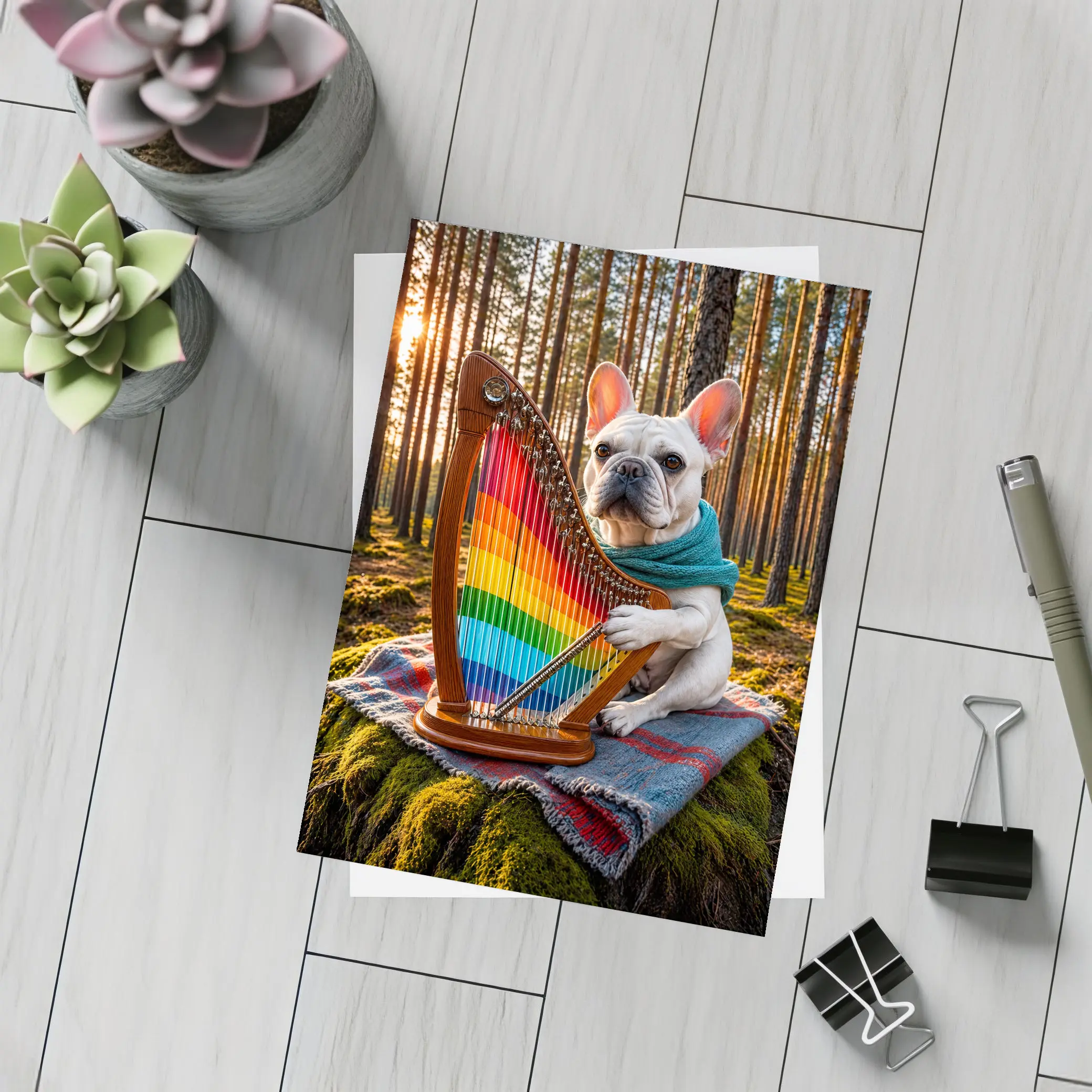 French Bulldog Playing Rainbow Harp Forest – Postcards
