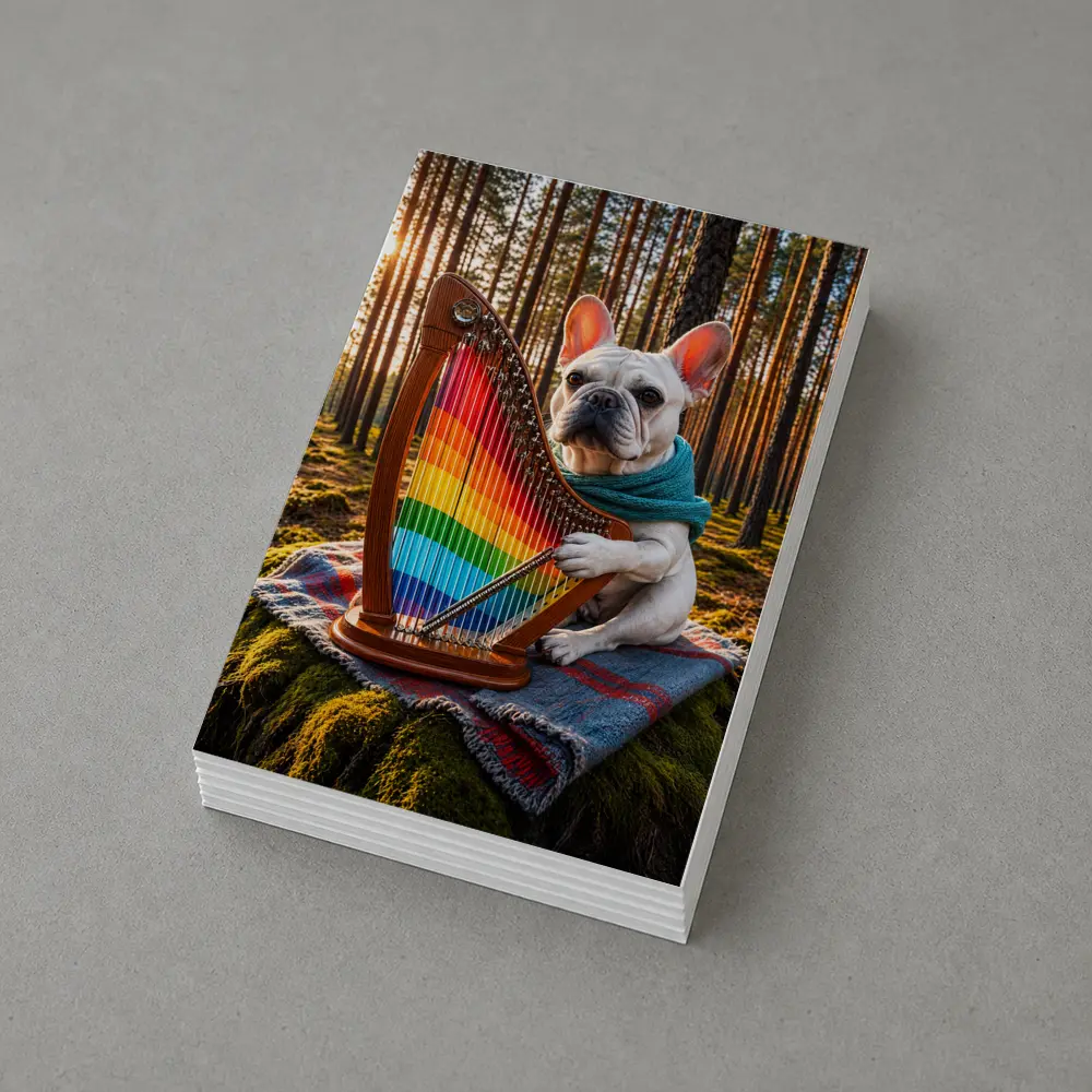 French Bulldog Playing Rainbow Harp Forest – Postcards
