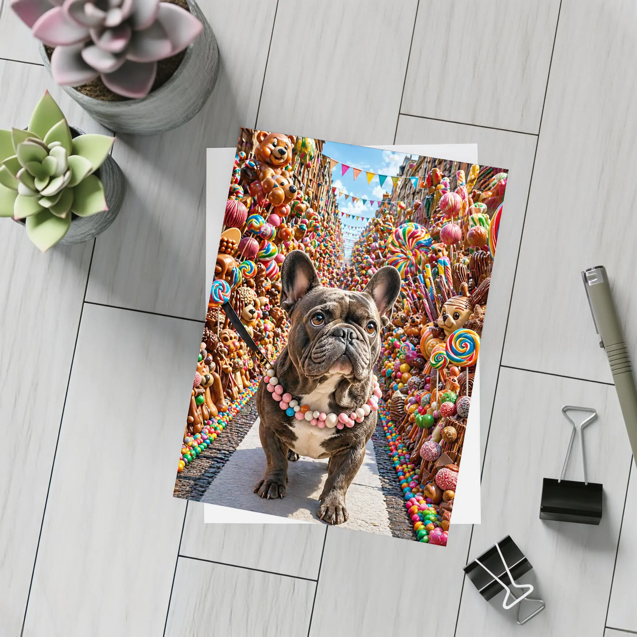 French Bulldog In Colorful Candy Street – Postcards
