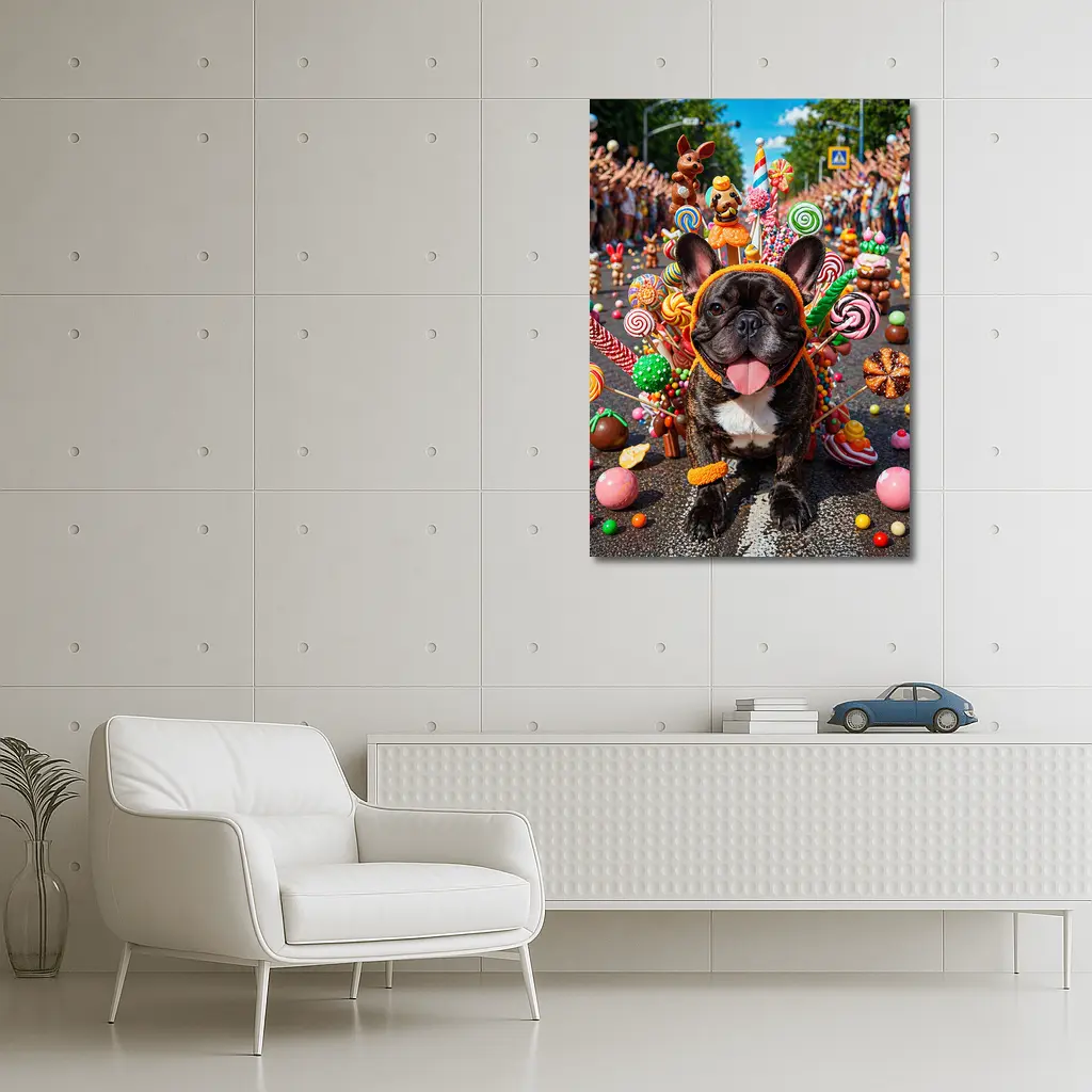 French Bulldog Surrounded by Colorful Candy Parade – Wall Art