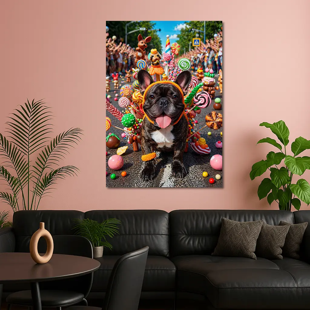 French Bulldog Surrounded by Colorful Candy Parade – Wall Art